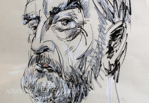 Grafiko Romualdo Čarnos pieštas Algimanto Masiulio portretas. 2001 m.